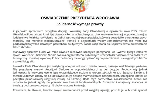 Soidarność wymaga prawdy. Oświadczenie prezydenta Jacka Sutryka ws. decyzji radnych Lwowskiej Rady Obwodowowej o uczczeniu UPA