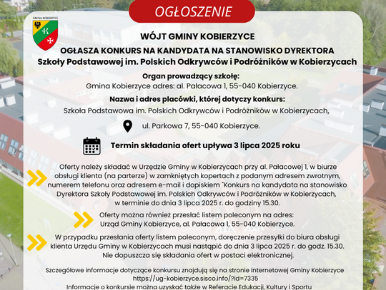 [OGŁOSZENIE] KONKURS NA KANDYDATA NA STANOWISKO DYREKTORA SZKOŁY PODSTAWOWEJ IM. POLSKICH ODKRYWCÓW I PODRÓŻNIKÓW W KOBIERZYCACH