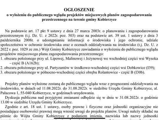 [OGŁOSZENIE] Ogłoszenie o wyłożeniu do publicznego wglądu projektów miejscowych planów zagospodarowania przestrzennego na terenie gminy Kobierzyce