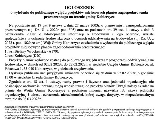 [OGŁOSZENIE]  Ogłoszenie o wyłożeniu do publicznego wglądu projektów miejscowych planów zagospodarowania przestrzennego na terenie gminy Kobierzyce