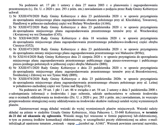 [OGŁOSZENIE] OGŁOSZENIE  WÓJTA GMINY KOBIERZYCE  o przystąpieniu do sporządzenia 7 miejscowych planów zagospodarowania przestrzennego w gminie Kobierzyce