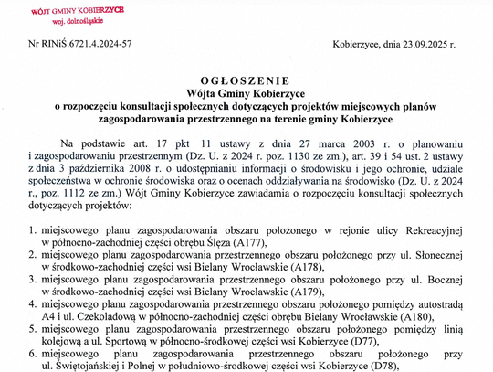 [Ogłoszenie] OGŁOSZENIE  Wójta Gminy Kobierzyce o rozpoczęciu konsultacji społecznych dotyczących projektów miejscowych planów zagospodarowania przestrzennego na terenie gminy Kobierzyce