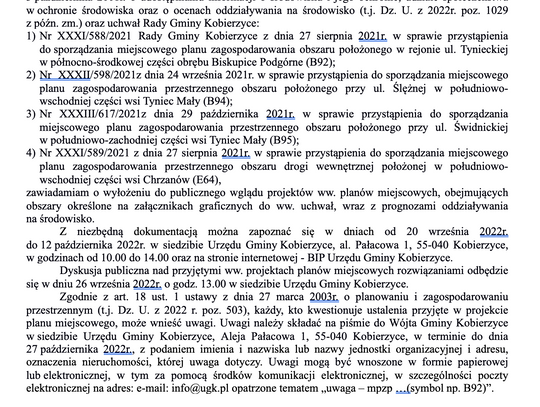 [OGŁOSZENIE] OGŁOSZENIE  WÓJTA GMINY KOBIERZYCE  o wyłożeniu do publicznego wglądu 4 miejscowych planów zagospodarowania przestrzennego w gminie Kobierzyce (mpzp B92, mpzp B94, mpzp B95, E64)