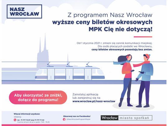 Program "Nasz Wrocław" – niższe ceny biletow MPK dla osób, które płacą podatki we Wrocławiu [informacja prasowa]