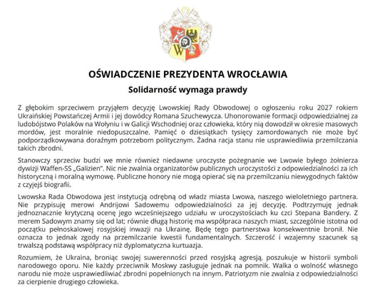 Soidarność wymaga prawdy. Oświadczenie prezydenta Jacka Sutryka ws. decyzji radnych Lwowskiej Rady Obwodowowej o uczczeniu UPA
