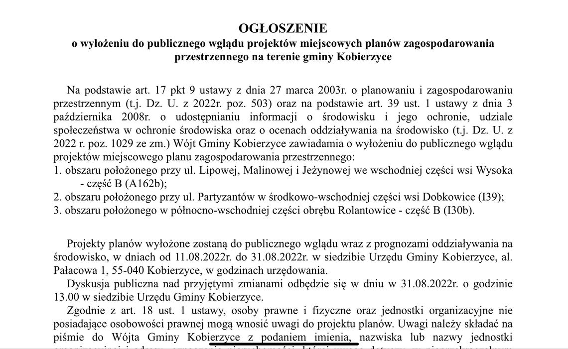 [OGŁOSZENIE] Ogłoszenie o wyłożeniu do publicznego wglądu projektów miejscowych planów zagospodarowania przestrzennego na terenie gminy Kobierzyce