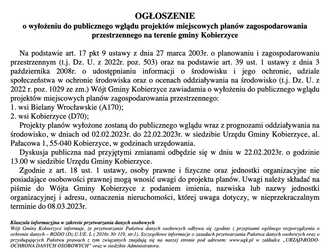 [OGŁOSZENIE]  Ogłoszenie o wyłożeniu do publicznego wglądu projektów miejscowych planów zagospodarowania przestrzennego na terenie gminy Kobierzyce