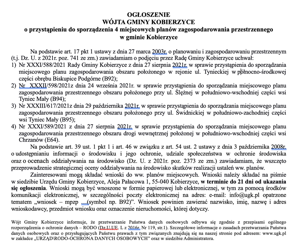 [OGŁOSZENIE] OGŁOSZENIE  WÓJTA GMINY KOBIERZYCE  o przystąpieniu do sporządzenia 4 miejscowych planów zagospodarowania przestrzennego w gminie Kobierzyce