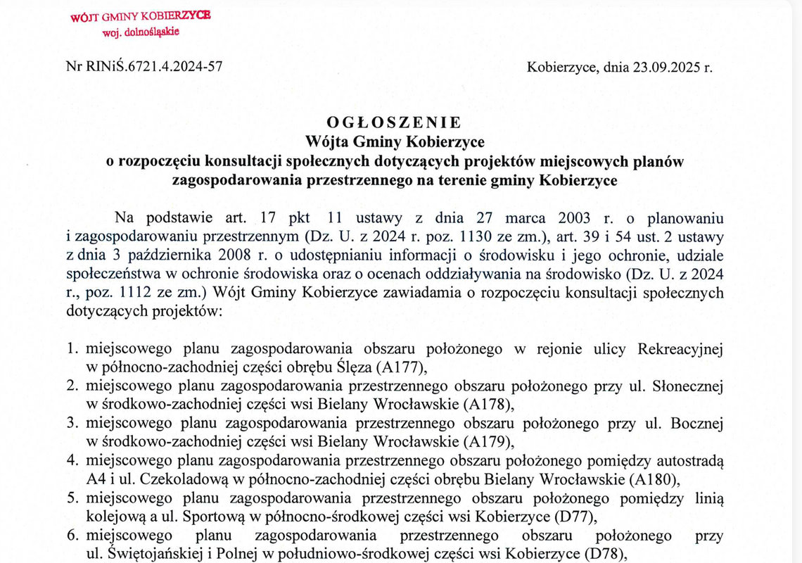 [Ogłoszenie] OGŁOSZENIE  Wójta Gminy Kobierzyce o rozpoczęciu konsultacji społecznych dotyczących projektów miejscowych planów zagospodarowania przestrzennego na terenie gminy Kobierzyce