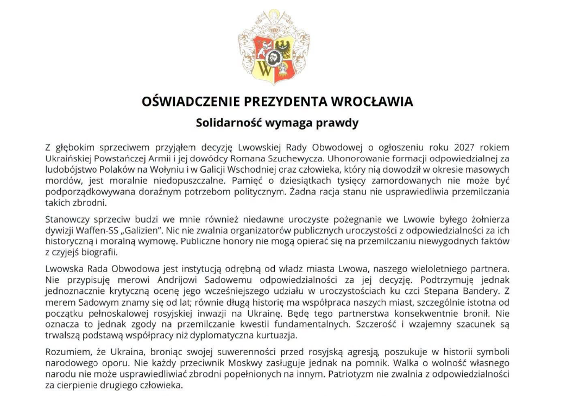 Soidarność wymaga prawdy. Oświadczenie prezydenta Jacka Sutryka ws. decyzji radnych Lwowskiej Rady Obwodowowej o uczczeniu UPA